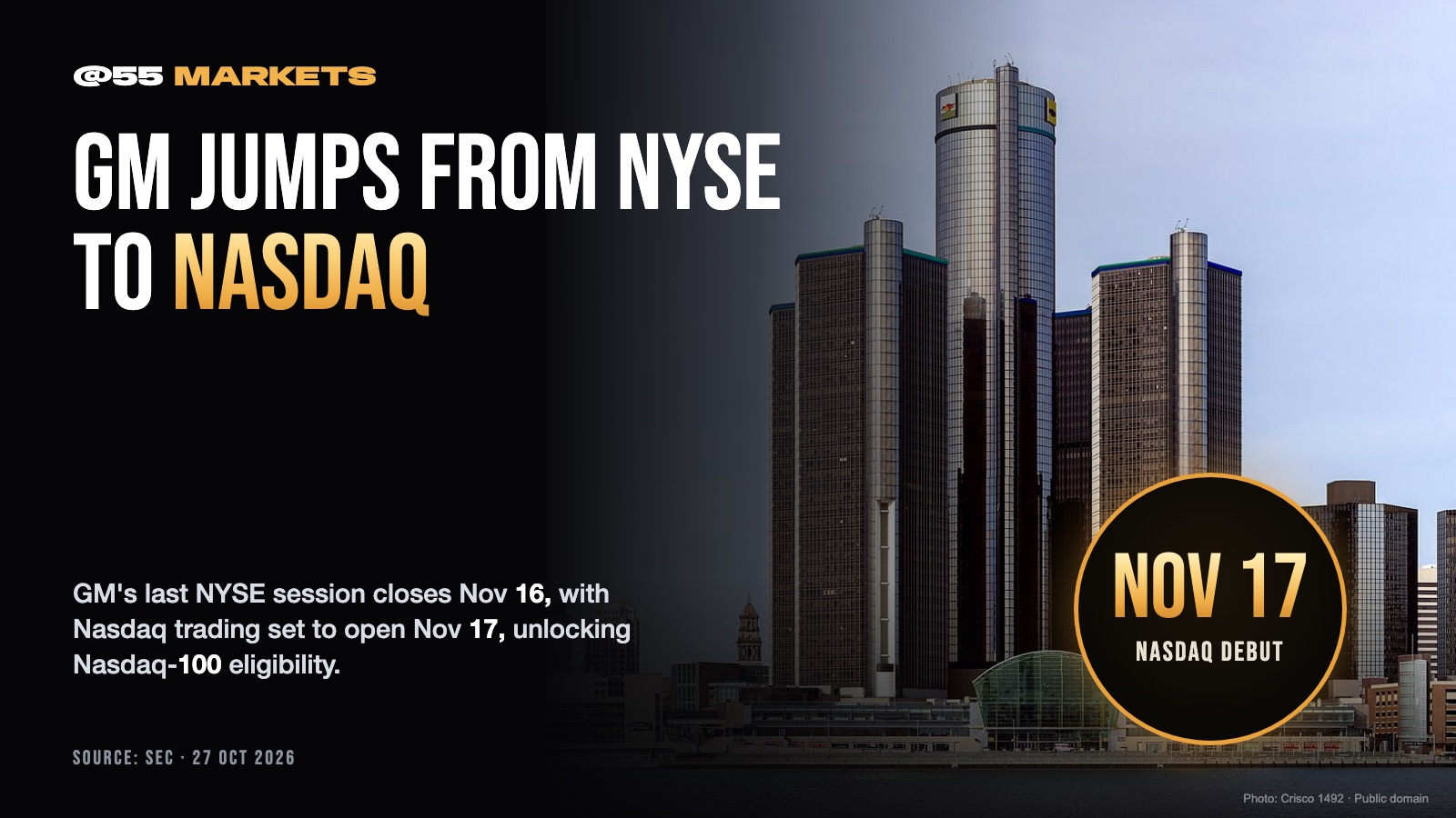GENERAL MOTORS TO LEAVE NYSE FOR NASDAQ
